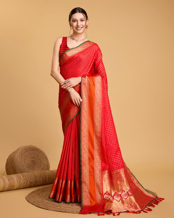 KHUSHI Red Pure Jacquard fabrics Saree