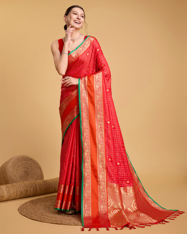 HERITEJ Red Pure Silk with All Over Weaved Meenakari Saree