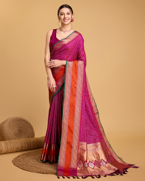 KHUSHI pink with orange detailing Pure Jacquard fabrics Saree