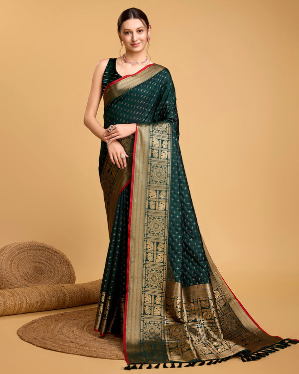 Dark Green Soft Silk & Double Jari Saree