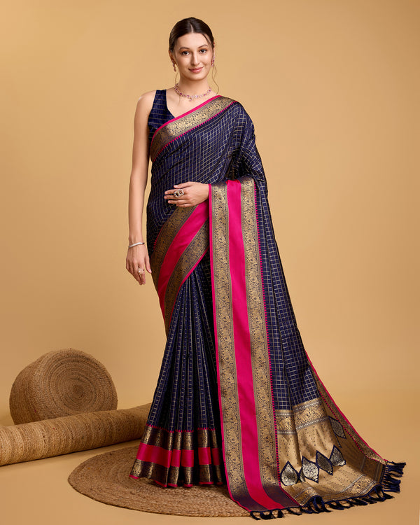 KHUSHI Navy Blue with a Pink and Gold border Pure Jacquard fabrics Saree