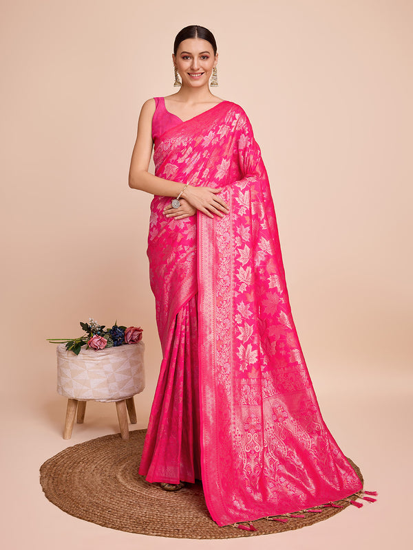PANJARI pink and gold-toned Pure Silk With Double Jari Weaving Saree
