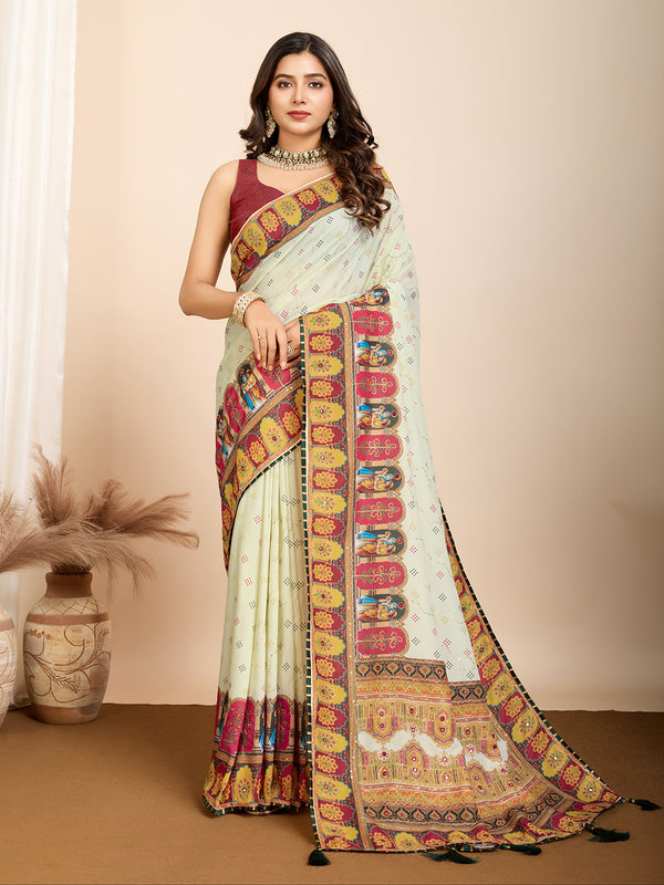 AARINI Cream White Maslin Cotton Sarees