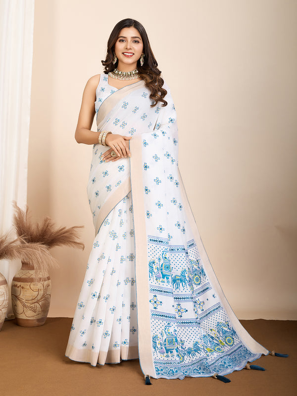 AVYUKTA White-Sky Bule Color Saree With Handwork Touchup All Over