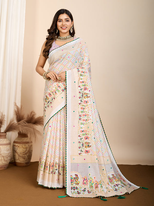 ATRANGI Cream Color Saree With Contrast Blouse Cotton Saree