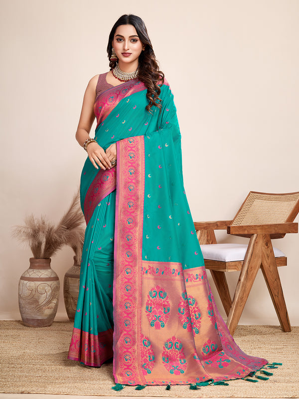 CHAND Rama Green Color Jacquard fabrics with pure zari work Saree