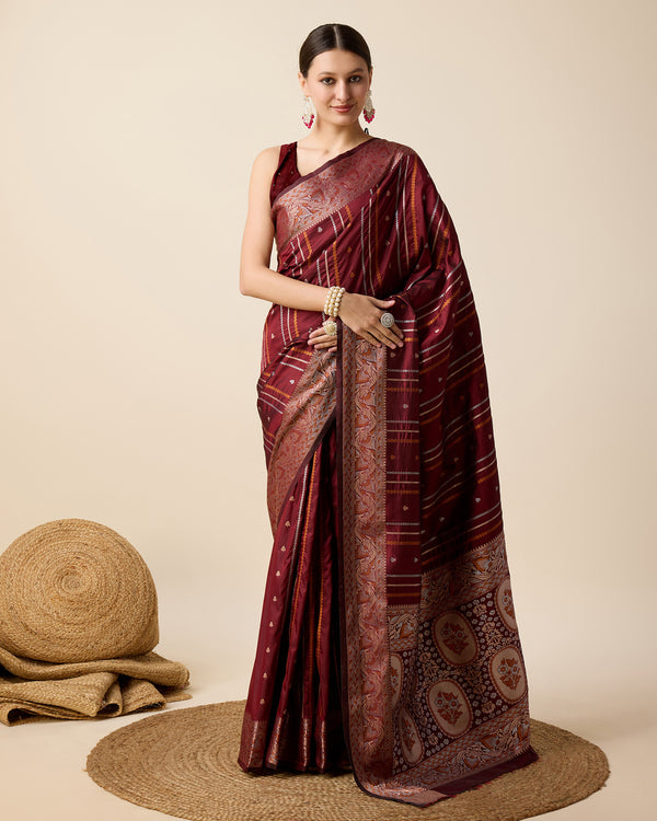 APEXA Maroon Pure Jacquard fabrics with Sona Chandi zari work Saree