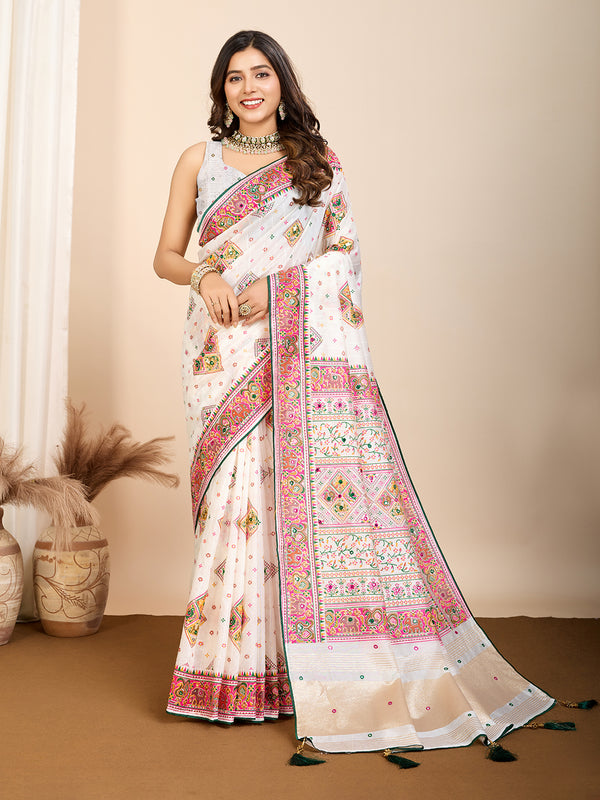 ASOPALAV Off-White Color Cotton Saree With Table Printed and Handwork