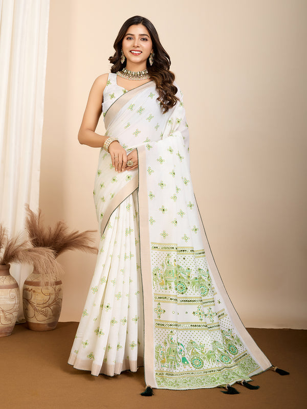 AVYUKTA White-Light Green Semi Cotton  With Handwork Touchup Saree