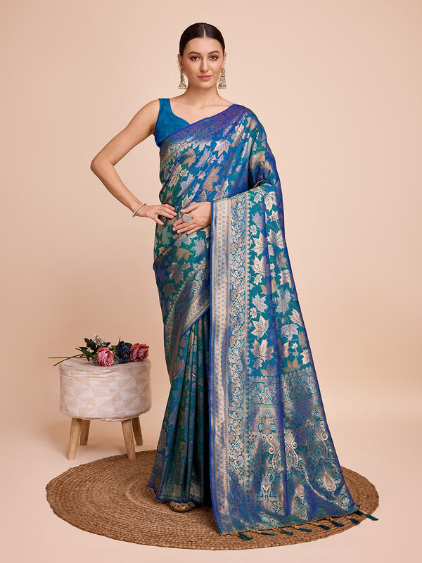 PANJARI Peacock BluePure Silk With Double Jari Weaving Saree
