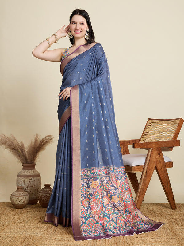 Bule Semi Cotton With Jari Saree