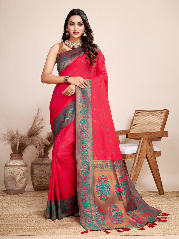 CHAND Vibrant Shade Of Red Pure Jacquard fabrics with pure zari work Saree
