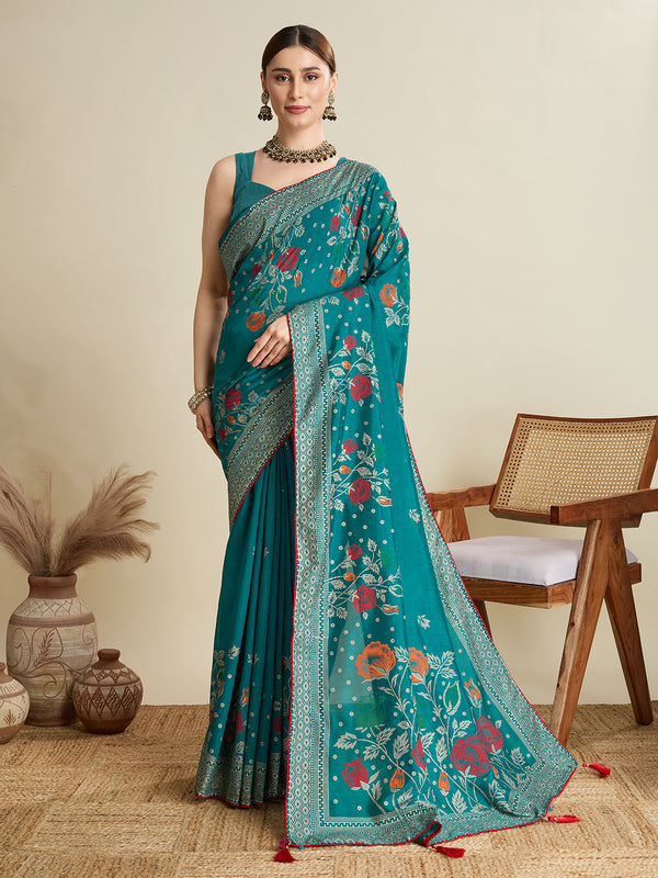 HOUSEFOOL Primarily Teal Blue Border Pipeing Saree