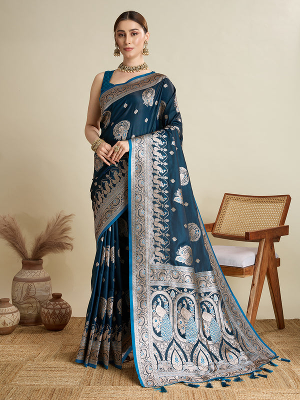 RAJGHARANA shade of blue Soft Silk  Premium Two Tone Satin Fabric with Unique DesignSarees