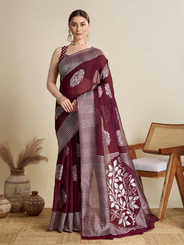 FLOWER BALL maroon and silver-toned Soft Silk Saree