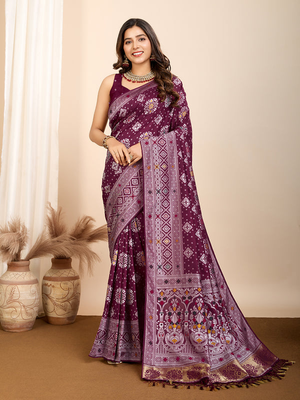 ANANYA Deep Wine Color Pure Silk Saree with mina Kari