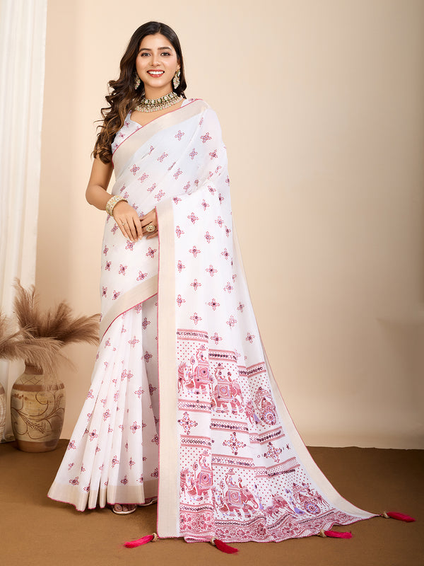 AVYUKTA White-Pink Semi Cotton Saree With Handwork Touchup All Over