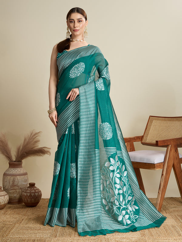 FLOWER BALL Deep Greenish-Blue Soft Silk Saree