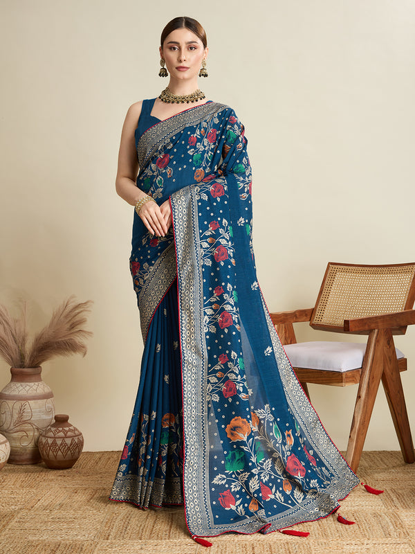 HOUSEFOOL Blue Cotton With Over Light Single Color Saree