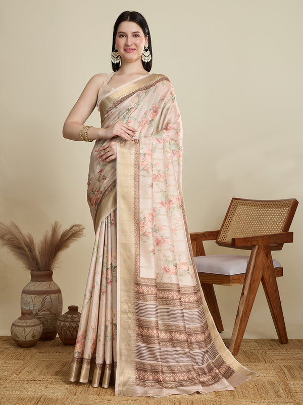 ABHILASHA Cream Semi Cotton Saree