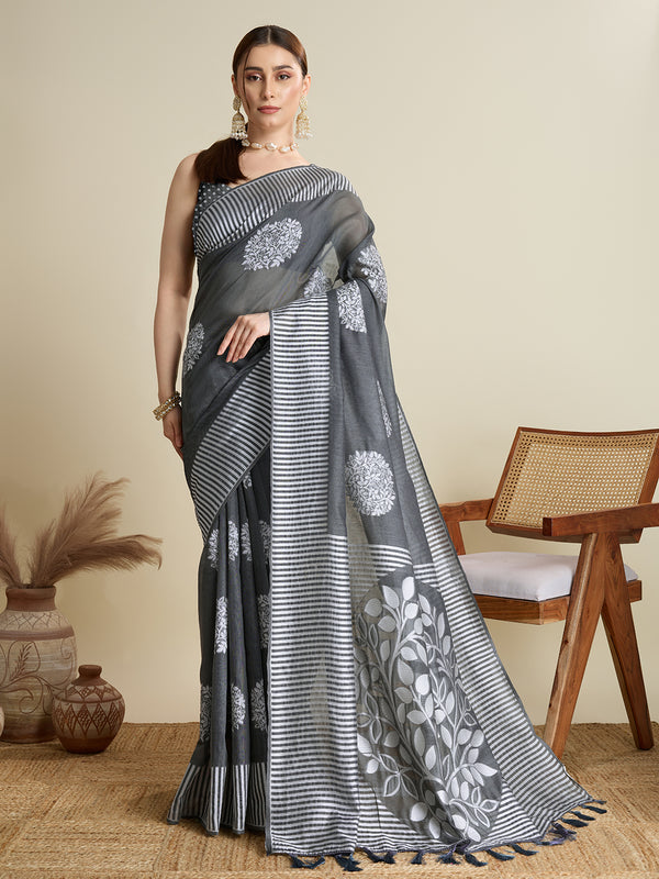 FLOWER BALL Grey Soft Slk Saree