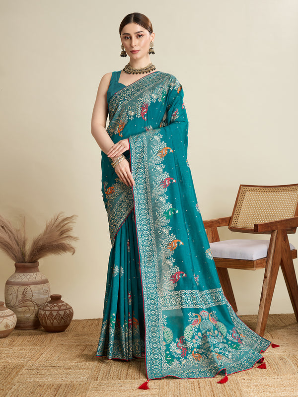 HOUSEFOOL Teal Blue Cotton Saree