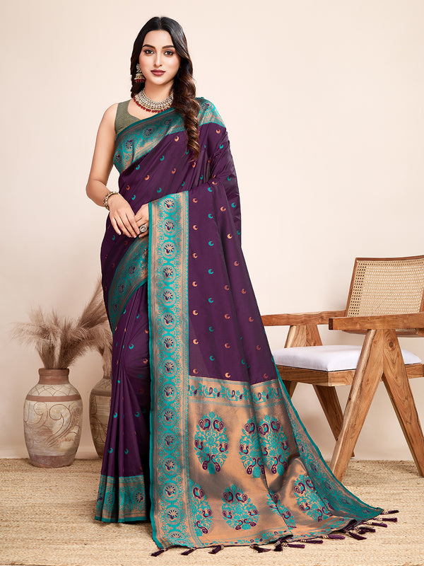 CHAND Dark Purple Color Jacquard fabrics with pure zari work Saree