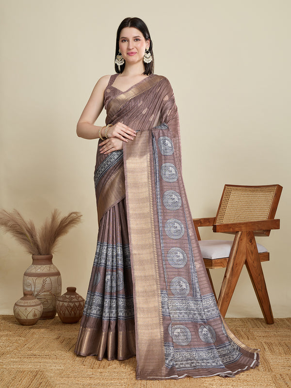 ABHILASHA Brown Semi Cotton Saree