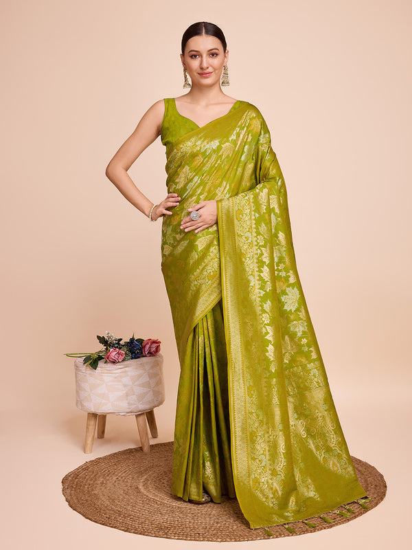 PANJARI Olive green Pure Silk With Double Jari Weaving Saree