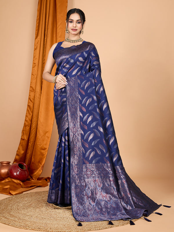MORPICHH A Deep, Dark Shade Of Blue Pure Silk With Double Jari Weaving Saree