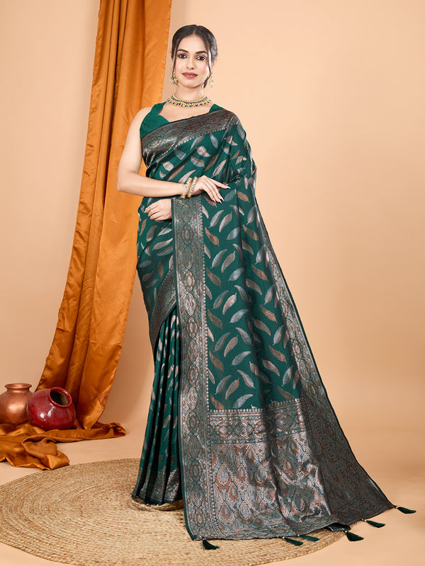 MORPICHH Dark Green Pure Silk With Double Jari Weaving Saree