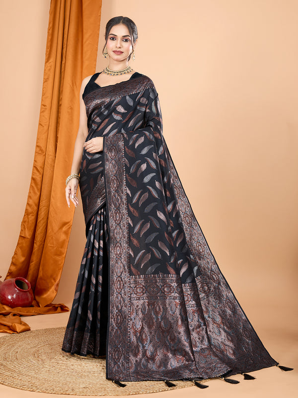 MORPICHH Black Pure Silk With Double Jari Weaving Saree