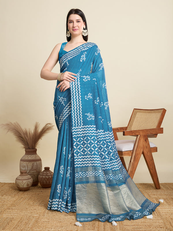 KHUSHI Blue Semi Cotton Saree