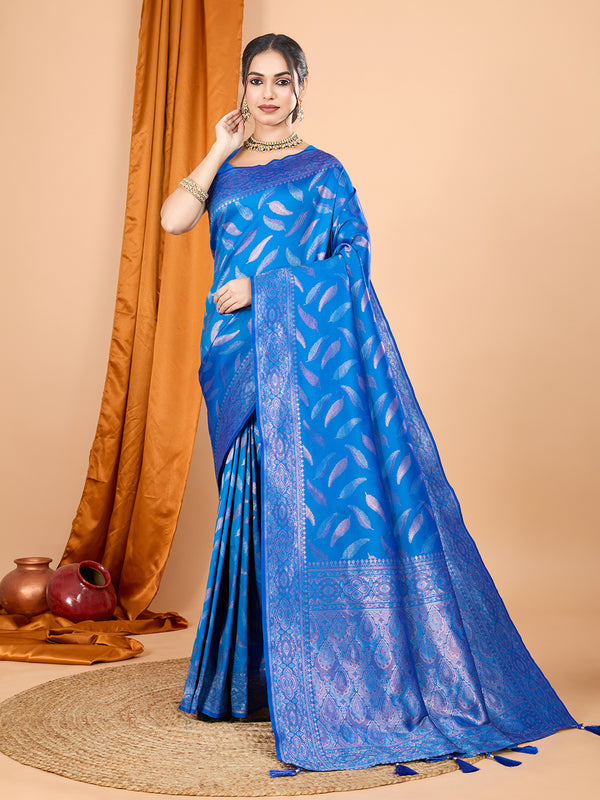 MORPICHH Blue Pure Silk With Double Jari Weaving Saree