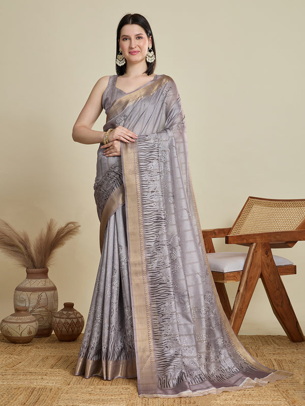 ABHILASHA Grey Semi Cotton Saree