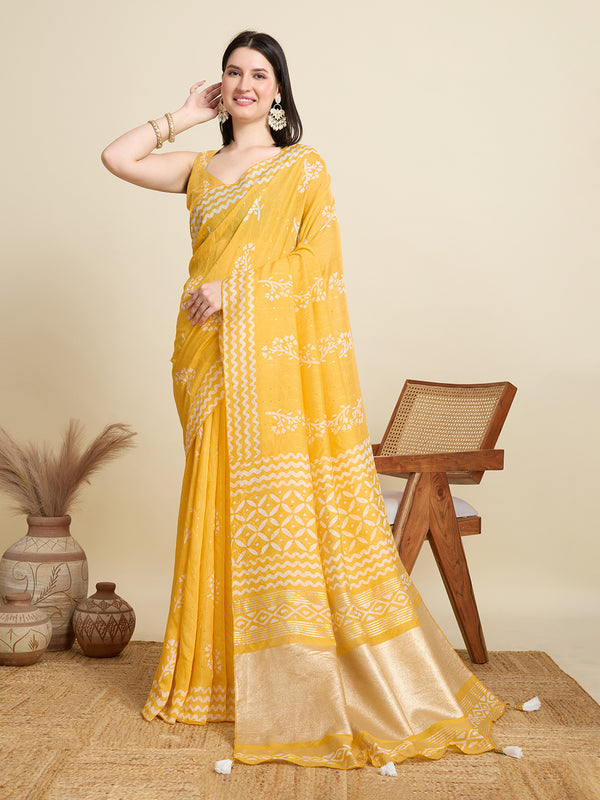 KYARA Yellow Semi Cotton Saree