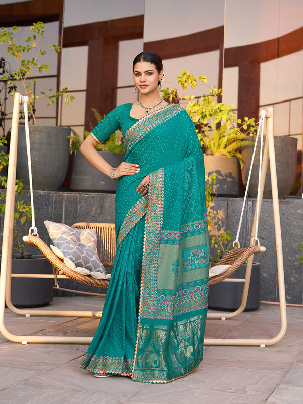 ANWITA Rama Blue With Table Printed And Border Lace Saree