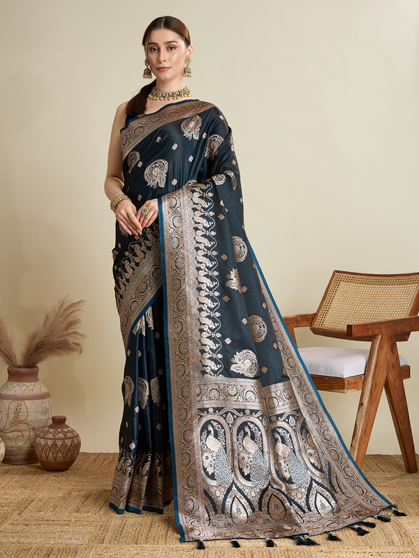 RAJGHARANA Navy Blue Soft Silk Sarees Premium Two Tone Satin Fabric with Unique Design