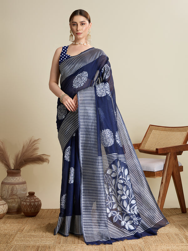 FLOWER BALL Navy Blue And White Soft Silk Saree