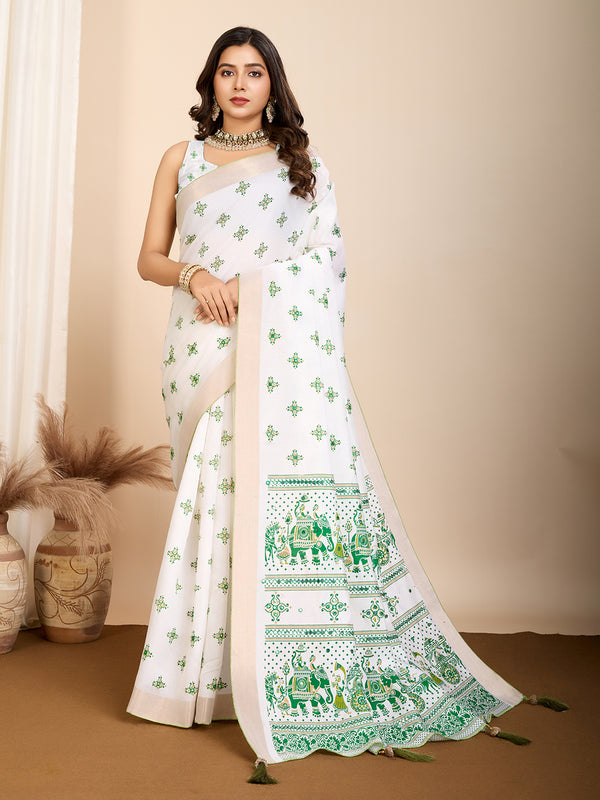 AVYUKTA White-Dark Green Color Semi Cotton Saree with Handwork Touchup All Over
