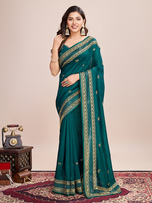 PEHNA Teal Green Soft Silk Saree