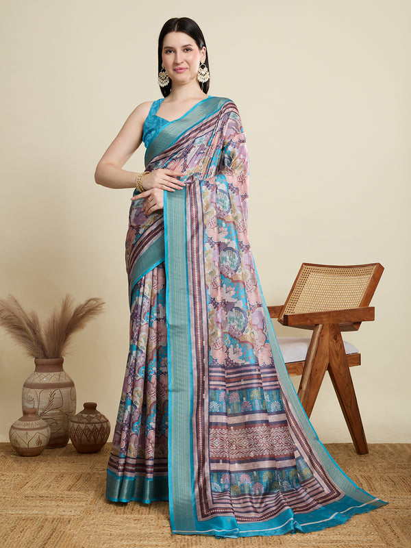 Bule/Pink Semi Cotton Saree