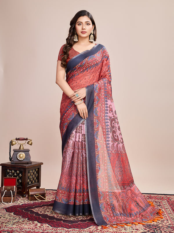 MAHI VOL shades of red, pink, and blue Semi Line Saree With Jari Border Saree