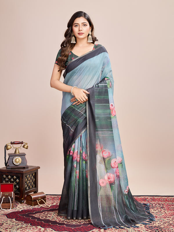 MAHI VOL Light Blue Semi Line Saree With Jari Border Saree