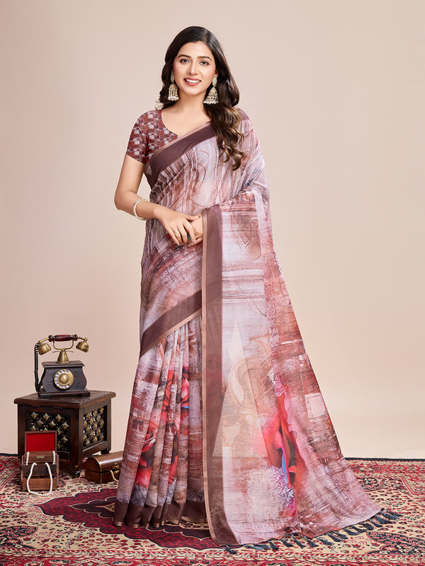 MAHI VOL brown Semi Line Saree With Jari Border Saree