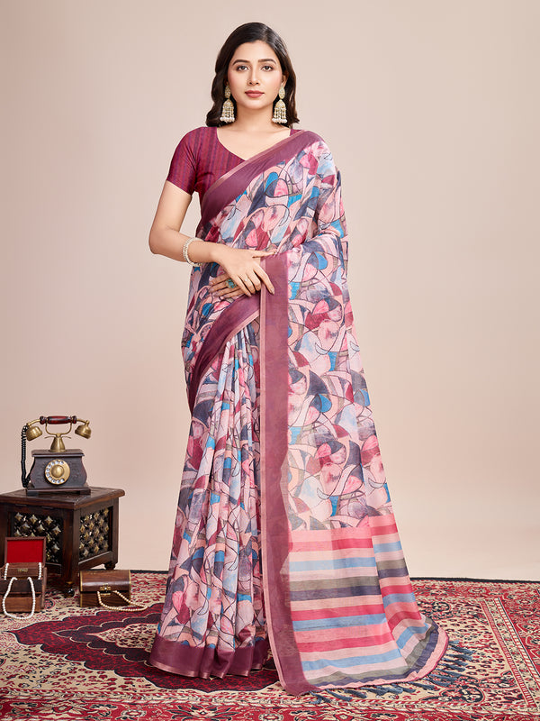MAHI VOL shades of pink, purple, and blue Semi Line Saree With Jari Border Saree