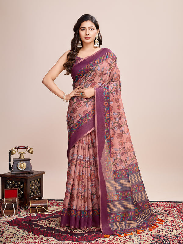 MAHI VOL dusty pink or peach Semi Line Saree With Jari Border Saree