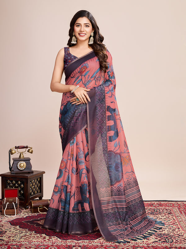 MAHI VOL Light-Salmon-Pink Semi Line Saree With Jari Border Saree